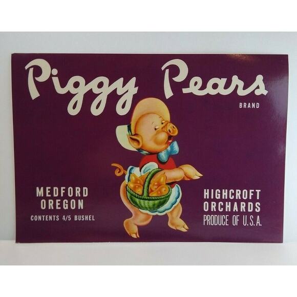 Piggy Pears Humanized Dressed Pig Fruit Crate Label Vintage Original 1940's - Picture 2 of 4